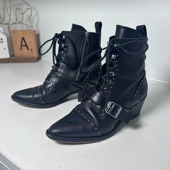 **SOLD**AllSaints Black Leather Lace-Up Ankle Boots Studded Buckle Moto Booties - Picture 1 of 8